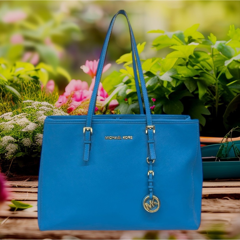 Michael Kors Blue Gold Saffiano Womens Shoulder HandBag Tote Purse 15" x 11" x 6